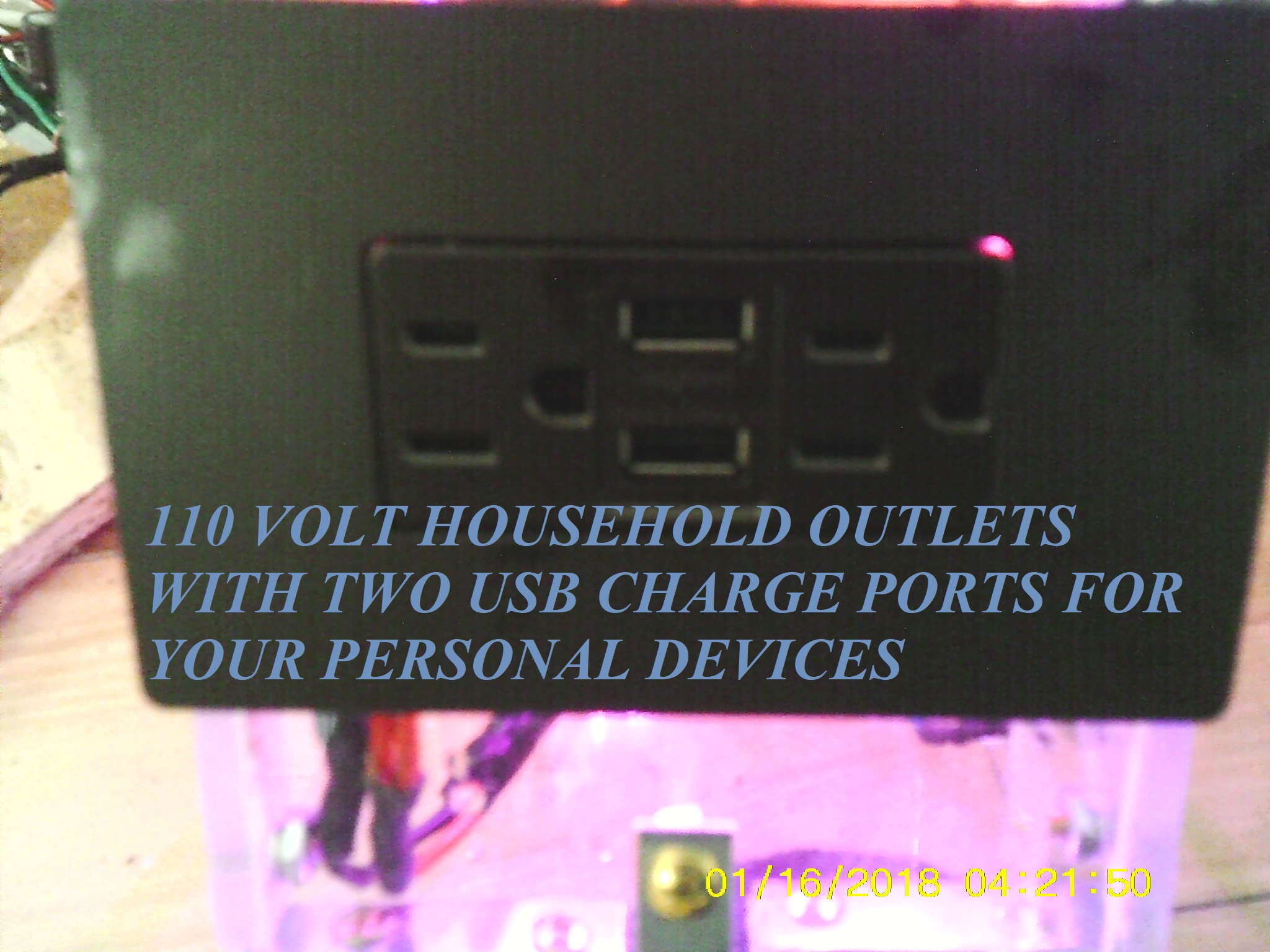 ({TEXT ADDED TO PIC} 110 VOLT HOUSEHOLD OUTLETS WITH TWO USB CHARGE PORTS FOR YOUR PERSONAL DEVICES)110 volt plugs with usb charge ports in center of plug
